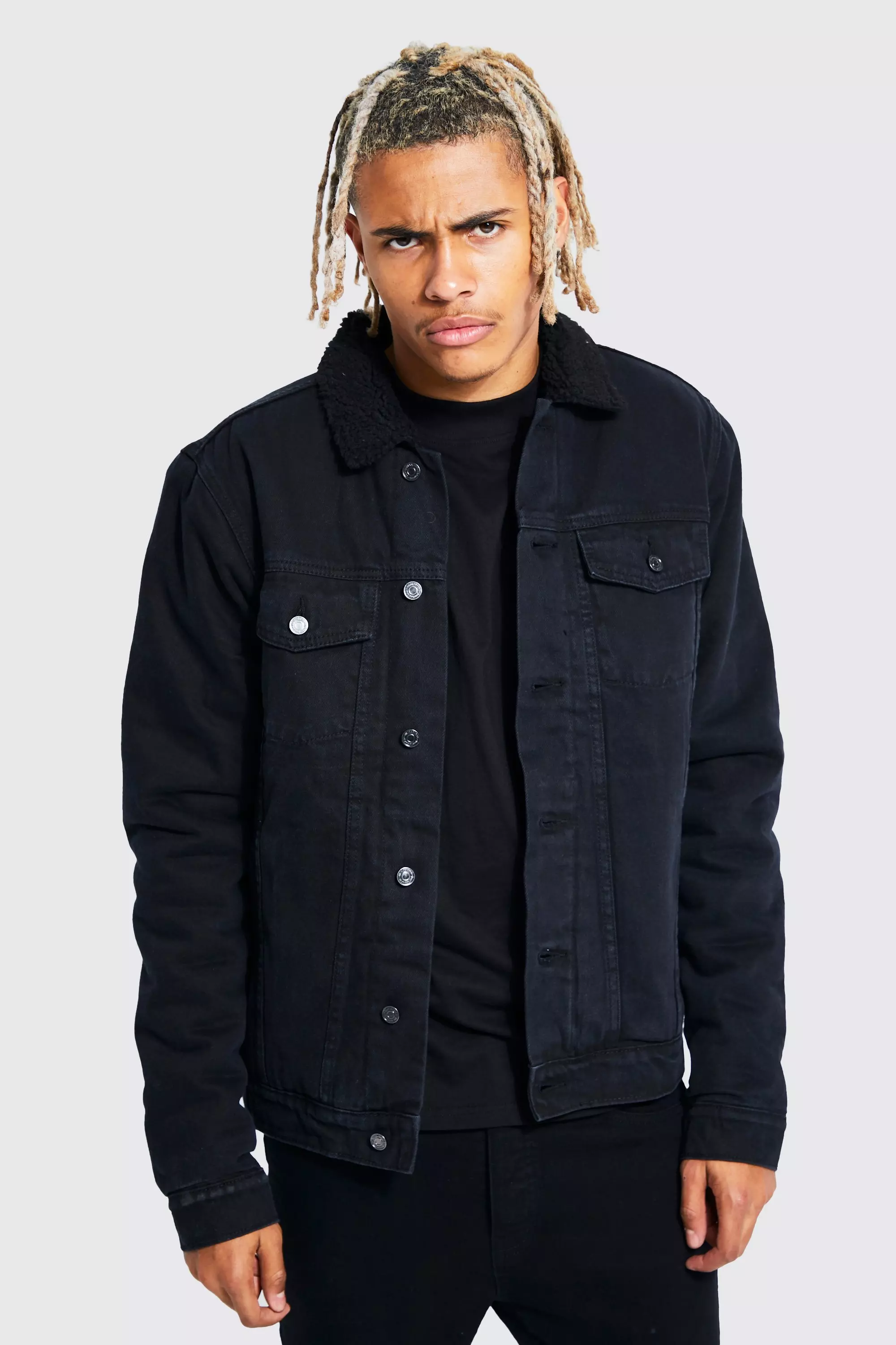 Mens black shop borg denim jacket